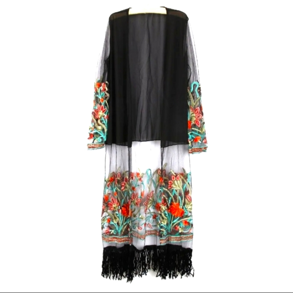 Black Embroidered Dress Kimono Robe Long Cardigan
